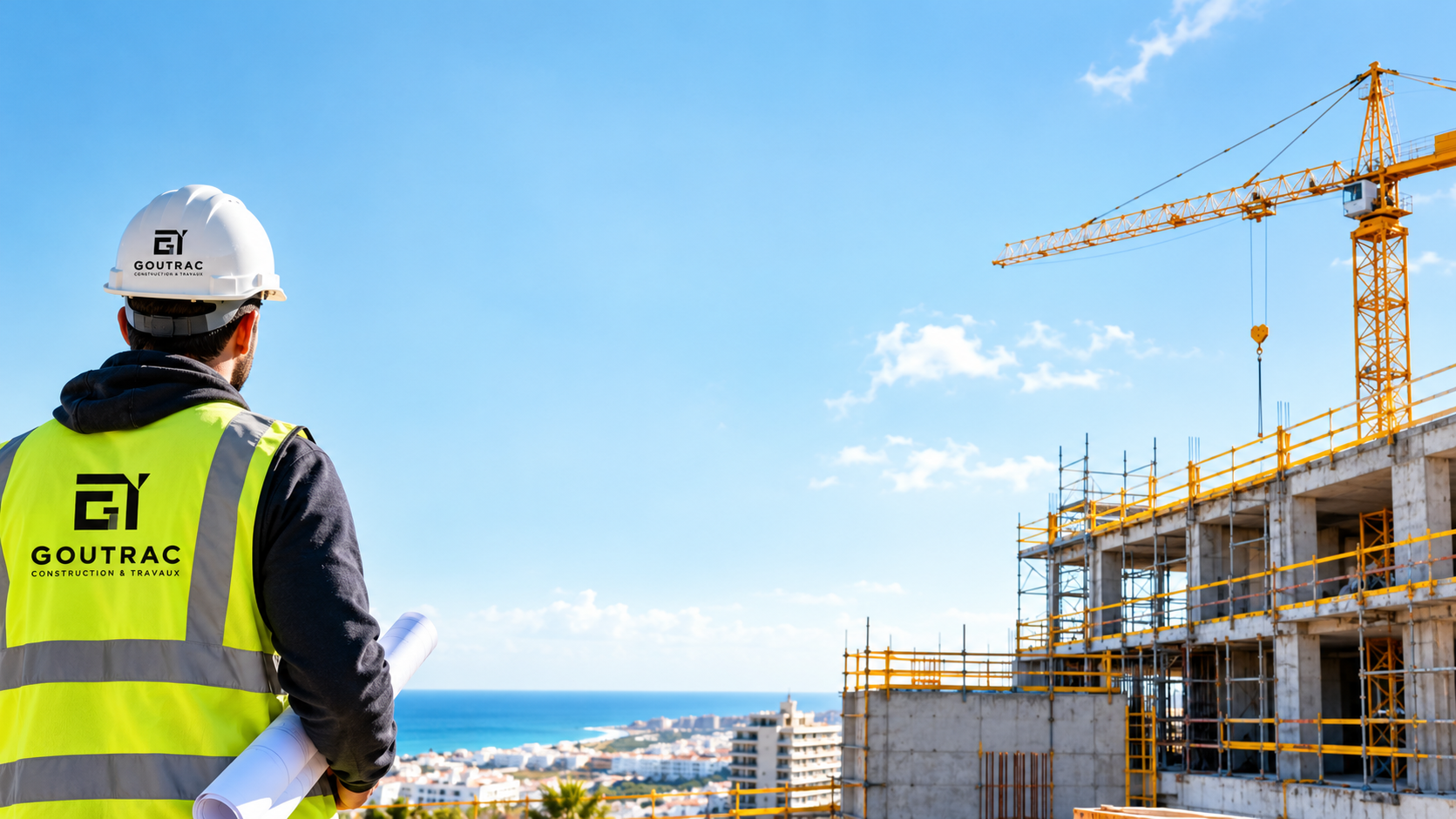 Ouvrier face à un chantier côtier : réalisations BTP et travaux publics de GOUTRAC au Maroc